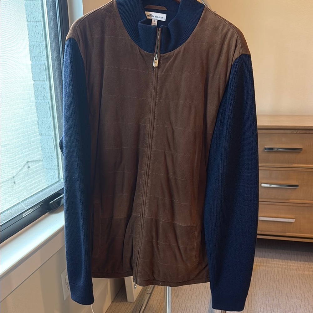 Peter Millar Brown and Blue Goat Suede and Knit Zip Up Sweater